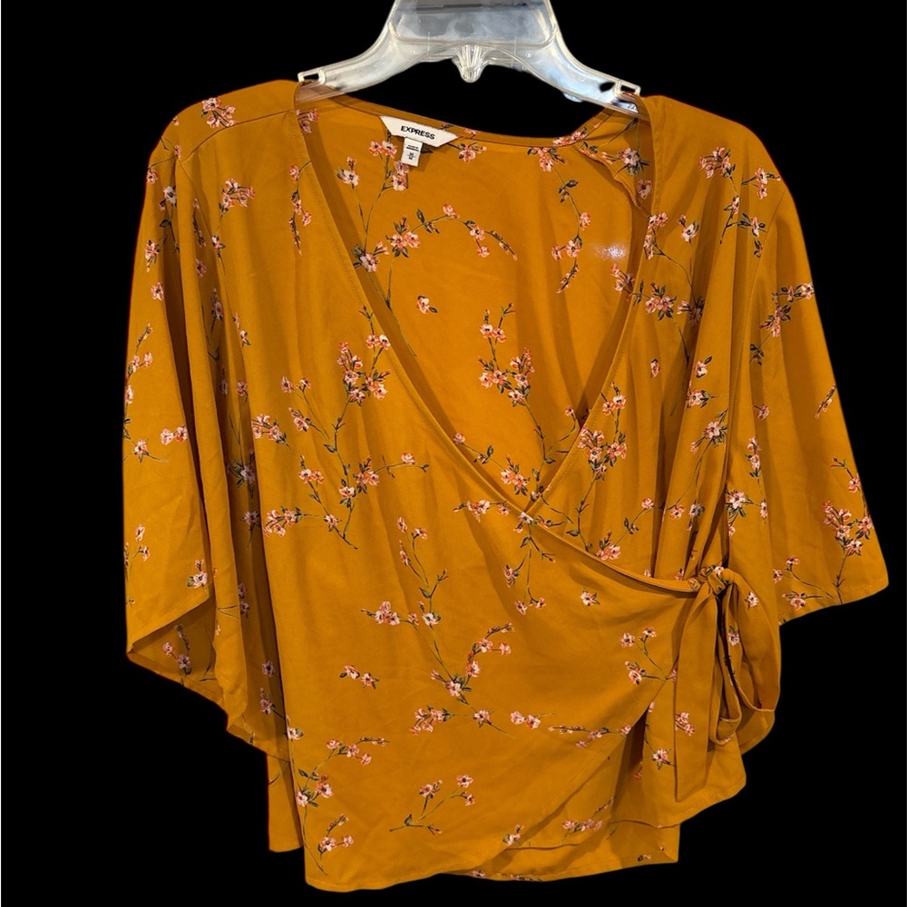 Express Mustard Floral Wrap Blouse